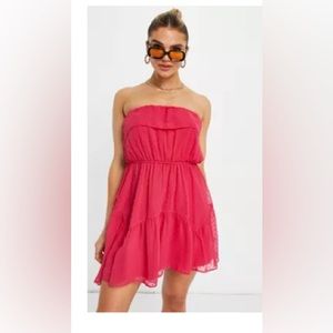 NWOT ASOS DESIGN Ruffle Bandeau Mini Skate Dress With Belt In Textured Hot Pink